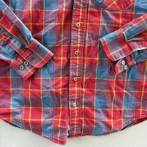 American Apparel Button Down Long Sleeve Red & Blue Plaid Cotton Unisex Shirt - Picture 5 of 7